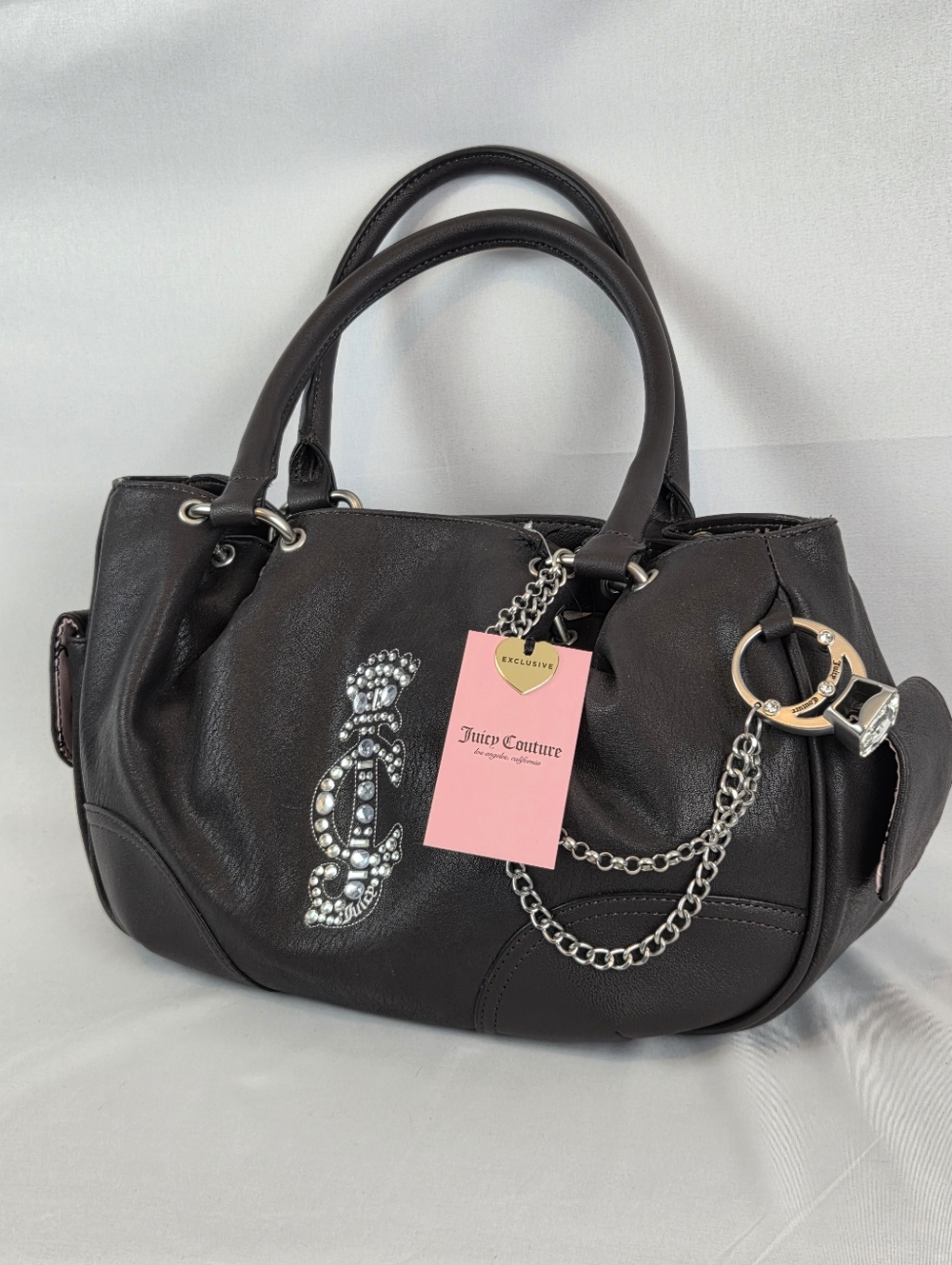 Juicy Couture Rich Brown Satchel with Rhinestone JC Logo and Chain Charm
